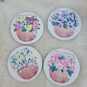 Set Of 4 CoasterStone Absorbent COASTERS 4¼" FLOWER Basket Floral Claire Murray